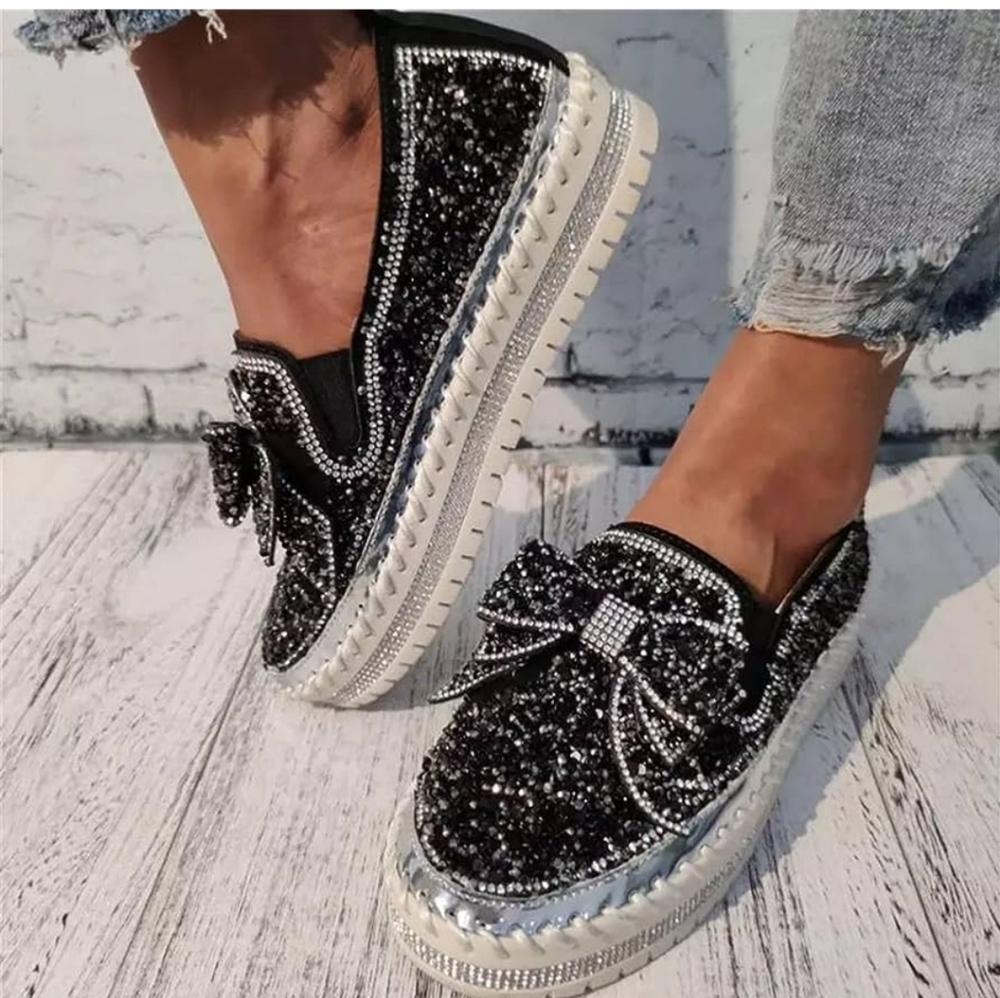 Muguan Crystal Loafers Bowknot Rhinestone Loafers Black Shoes Size 9.5